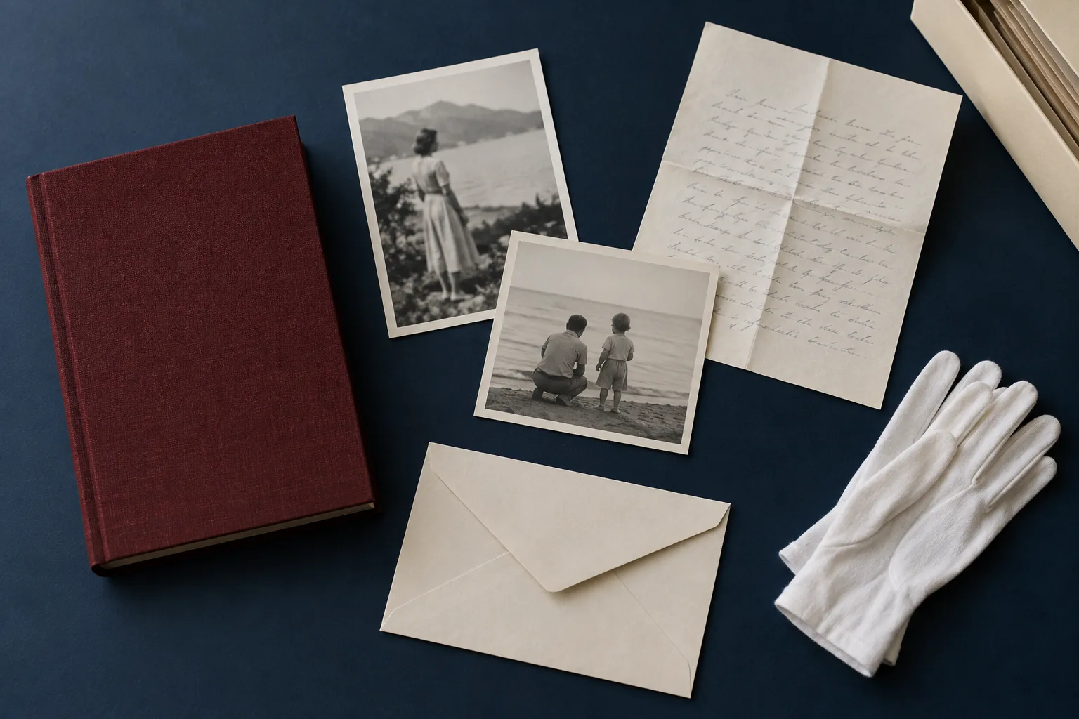 A clothbound book, family photographs, a letter, an archival envelope, and cotton gloves arranged on a dark blue table